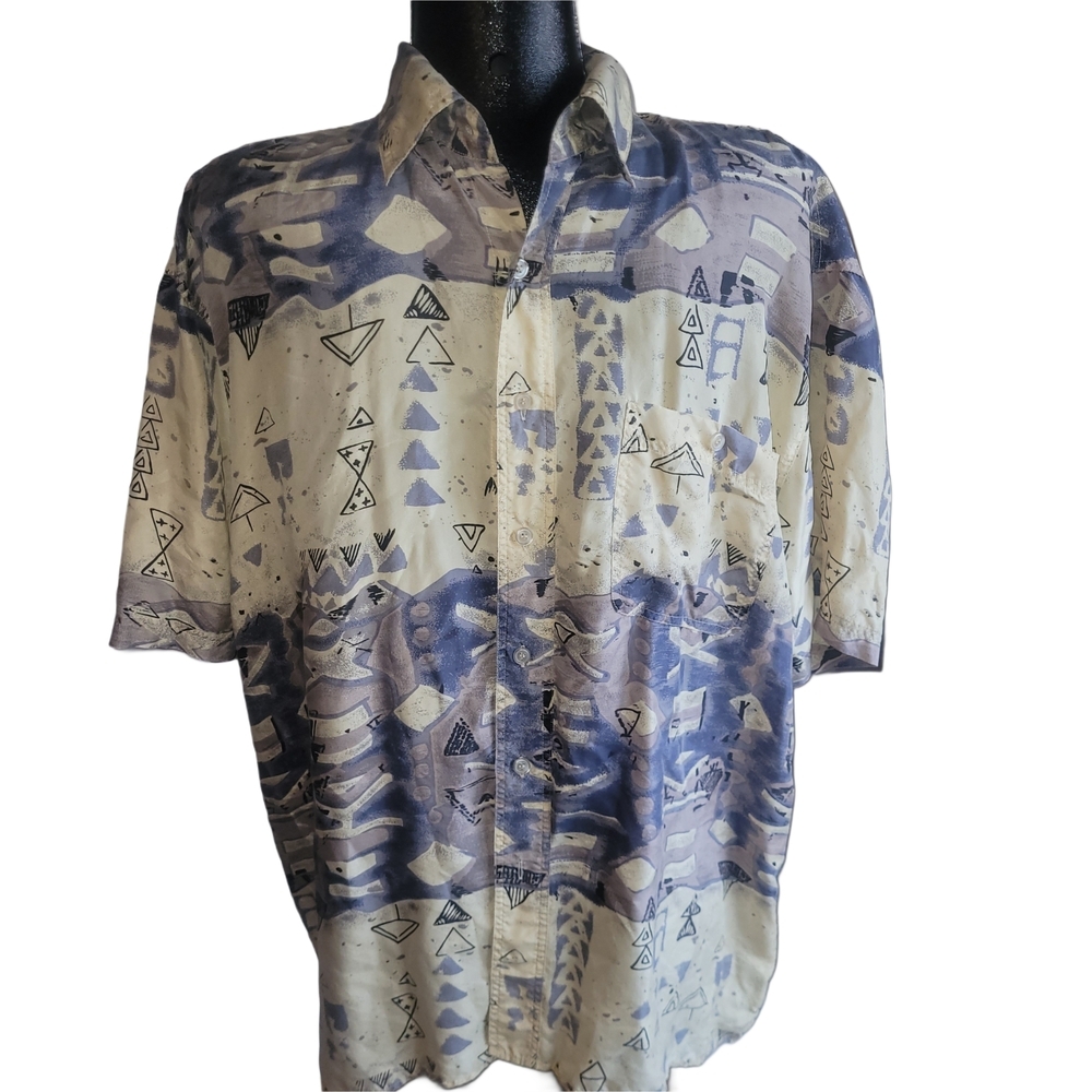 Men's Abstract Patterned 90's Short Sleeve Silk Shirt in Blue and Cream L